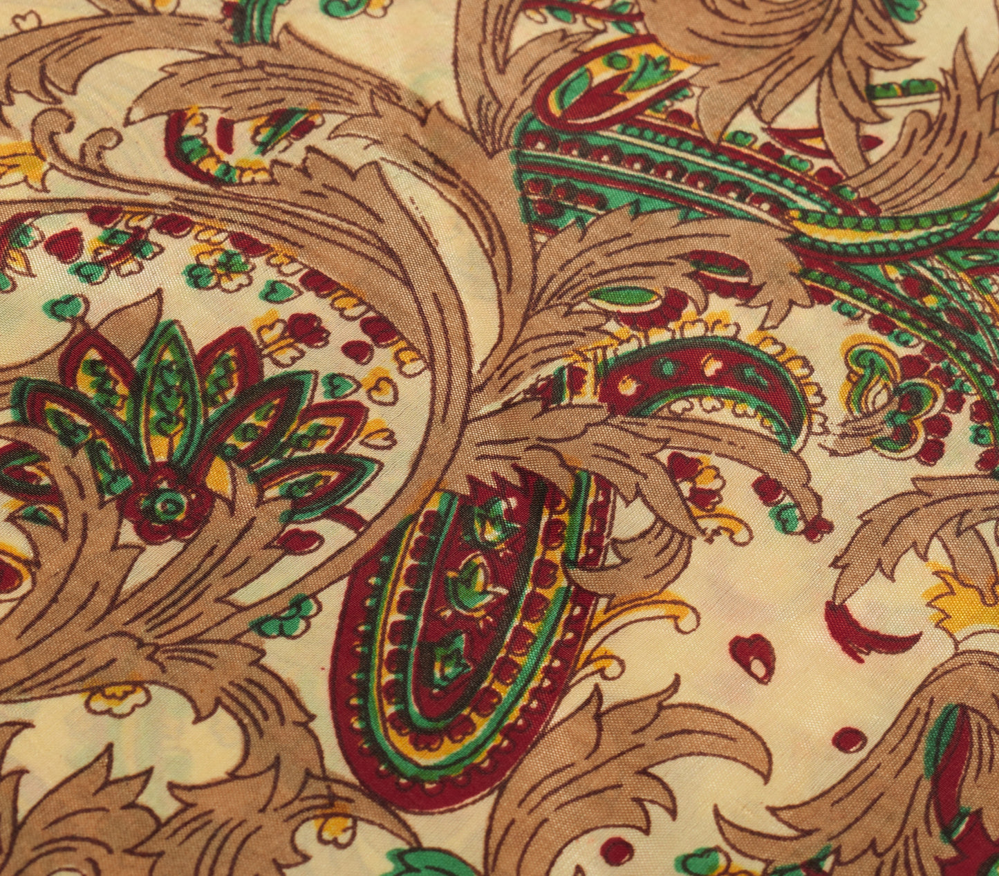 Sushila Vintage Cream Saree 100% Pure Silk Printed Paisley Soft Craft Fabric