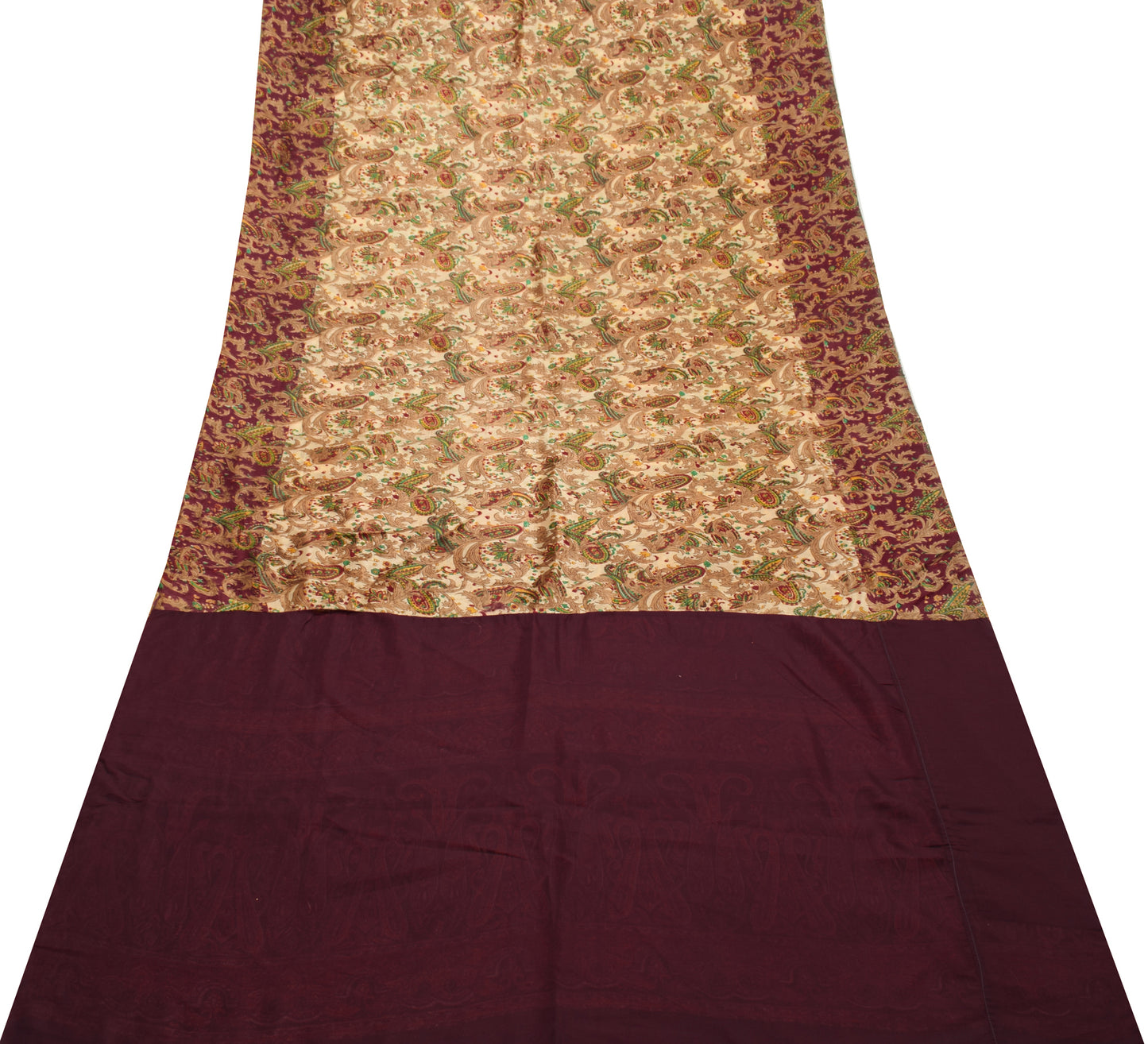 Sushila Vintage Cream Saree 100% Pure Silk Printed Paisley Soft Craft Fabric