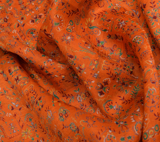 Sushila Vintage Orange Saree 100% Pure Silk Printed Floral 5 Yard Craft Fabric