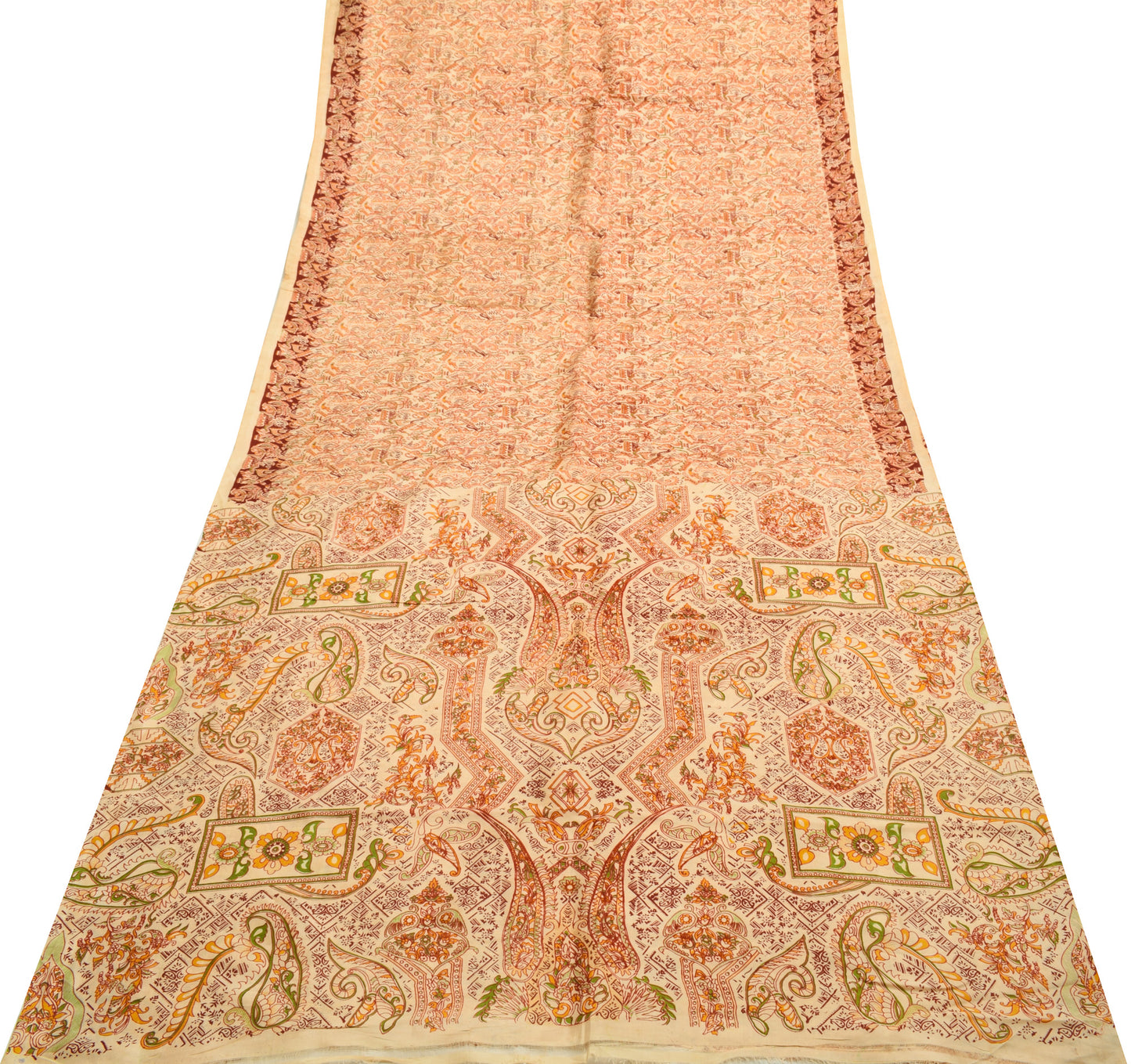 Sushila Vintage Beige Saree 100% Pure Silk Printed Floral 5 Yard Craft Fabric