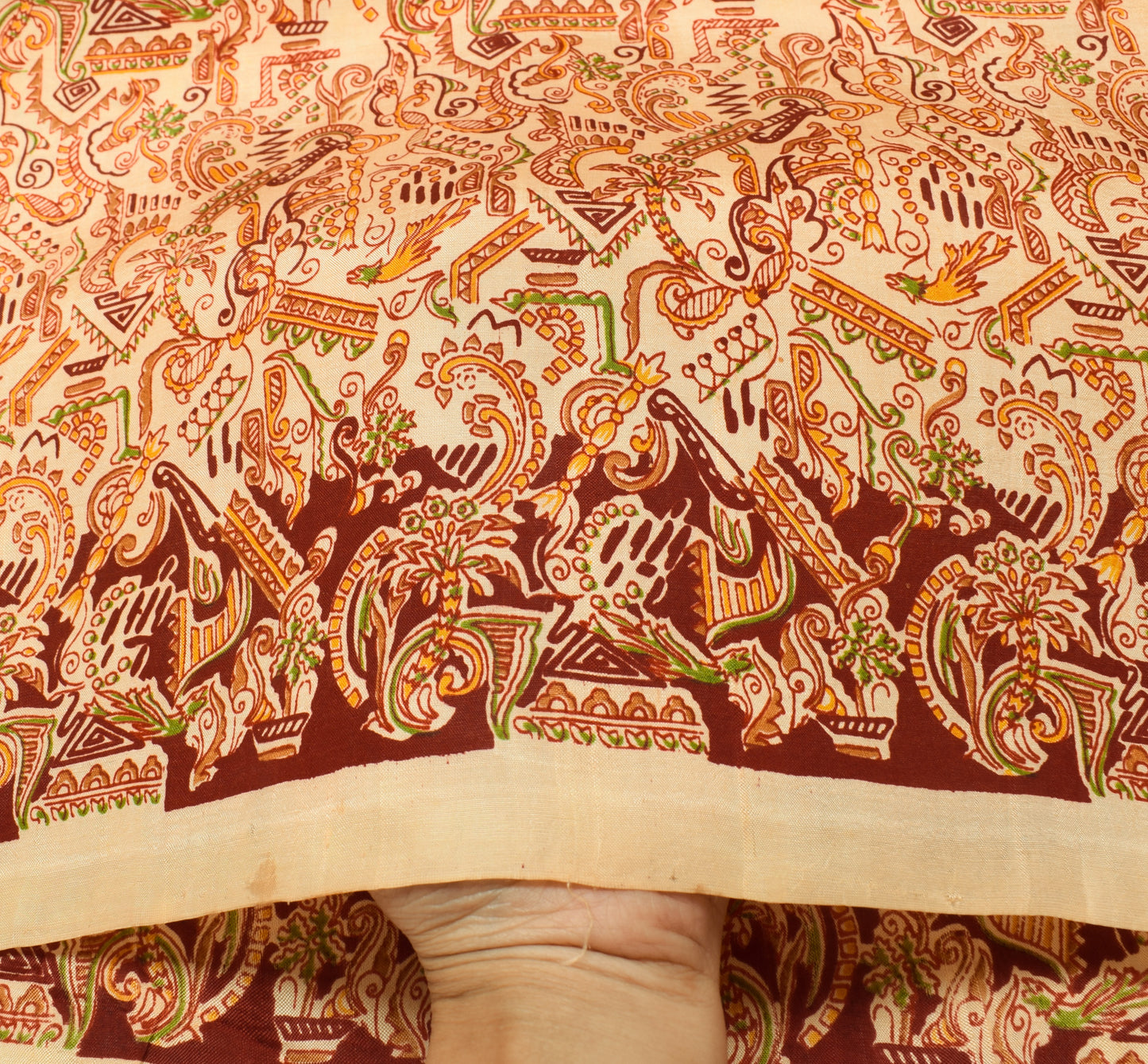 Sushila Vintage Beige Saree 100% Pure Silk Printed Floral 5 Yard Craft Fabric