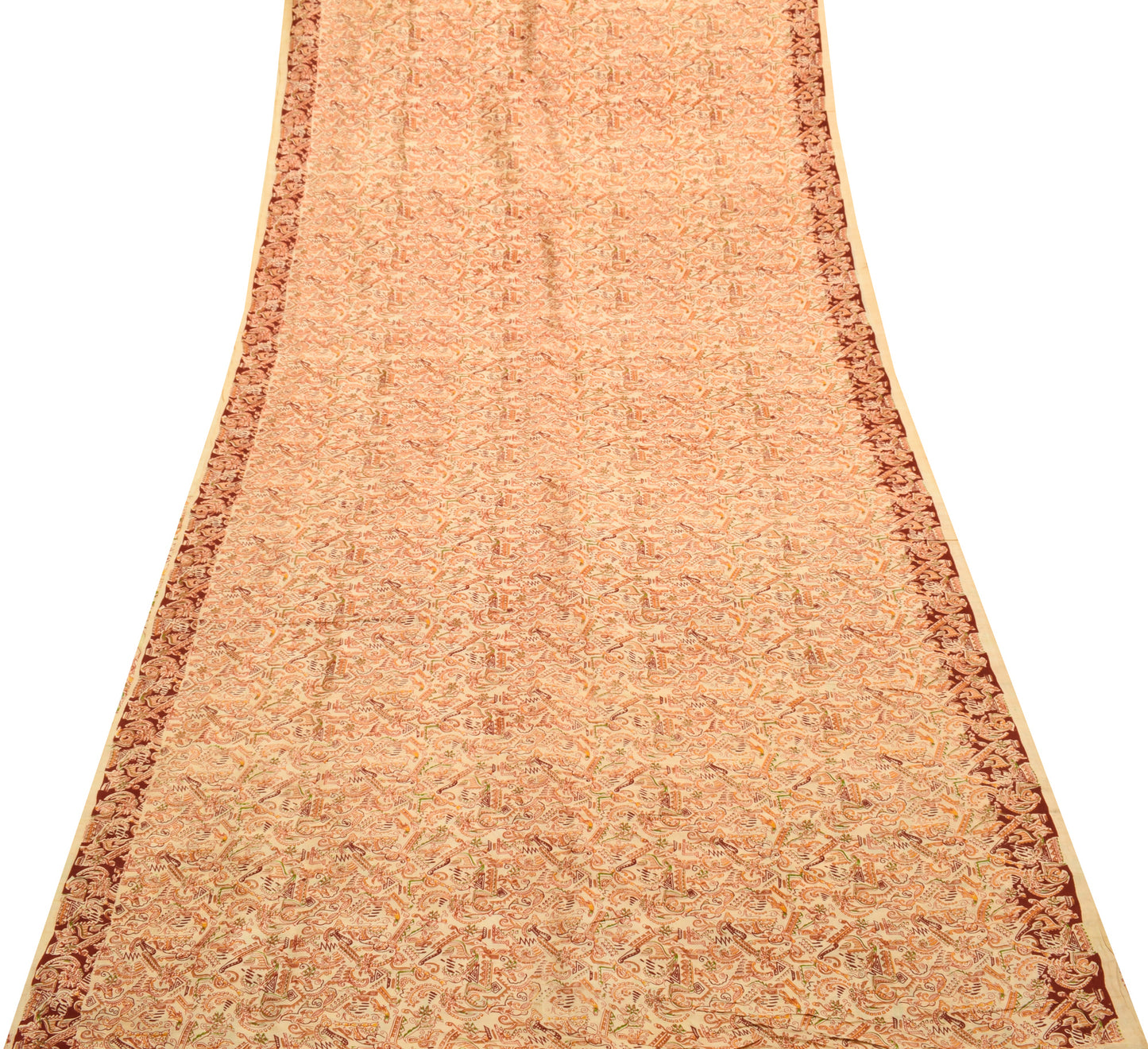 Sushila Vintage Beige Saree 100% Pure Silk Printed Floral 5 Yard Craft Fabric