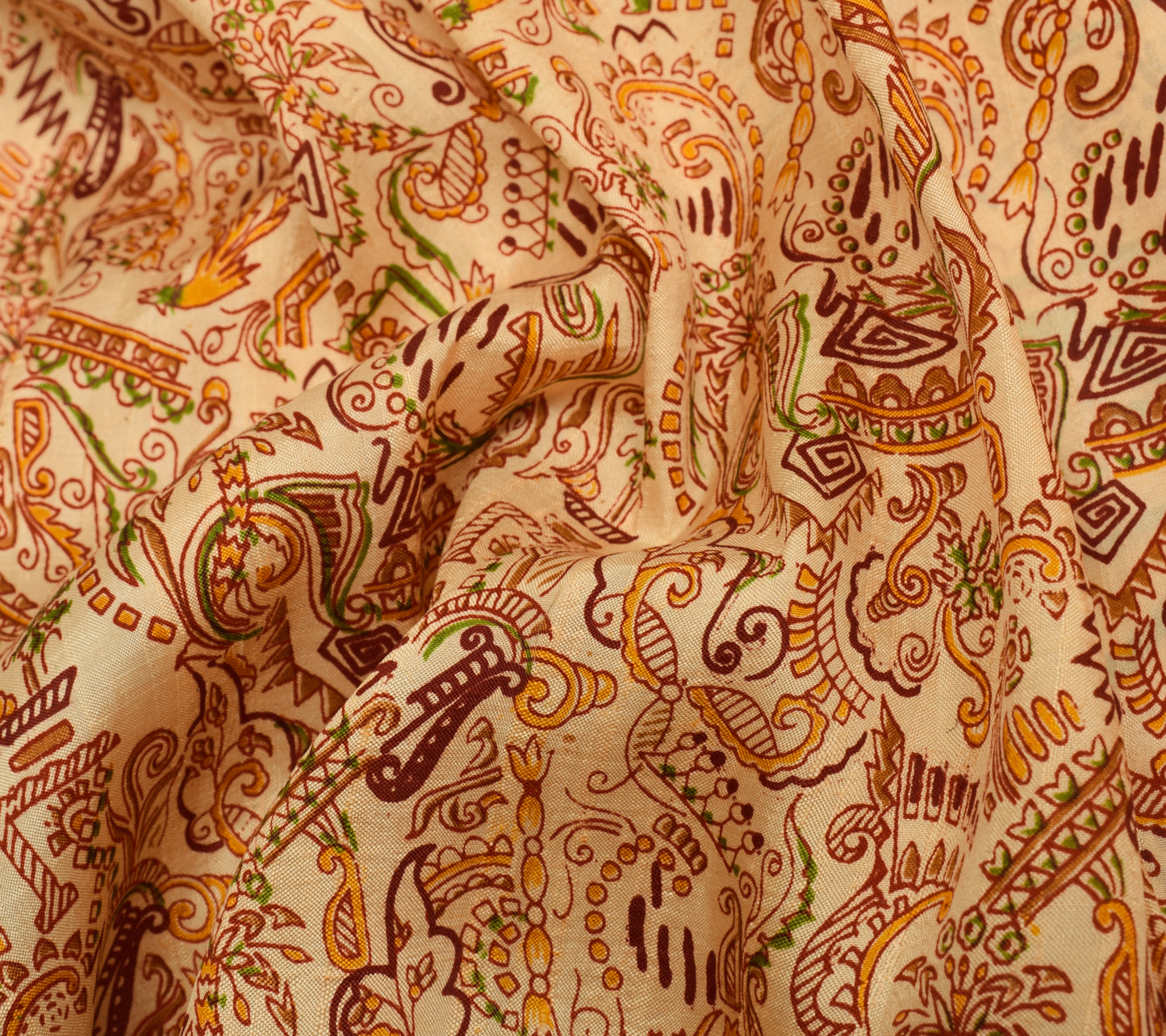 Sushila Vintage Beige Saree 100% Pure Silk Printed Floral 5 Yard Craft Fabric