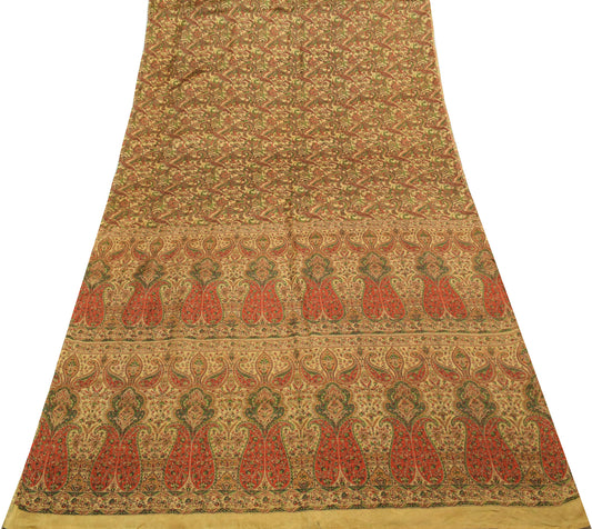 Sushila Vintage Brown Saree 100% Pure Silk Printed Pailsey Soft Craft Fabric