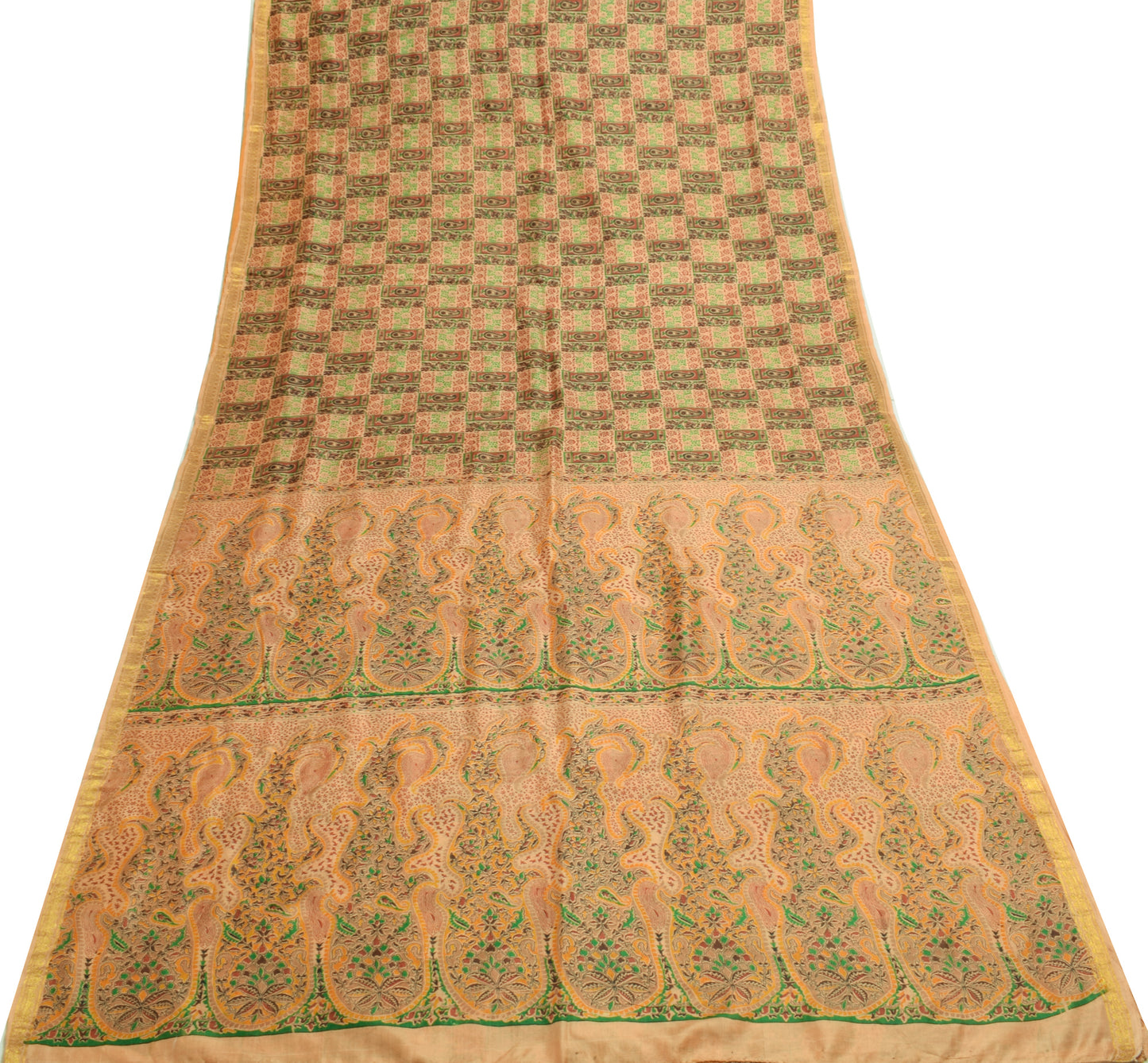Sushila Vintage Brown Saree 100% Pure Silk Printed Pailsey Soft Craft Fabric