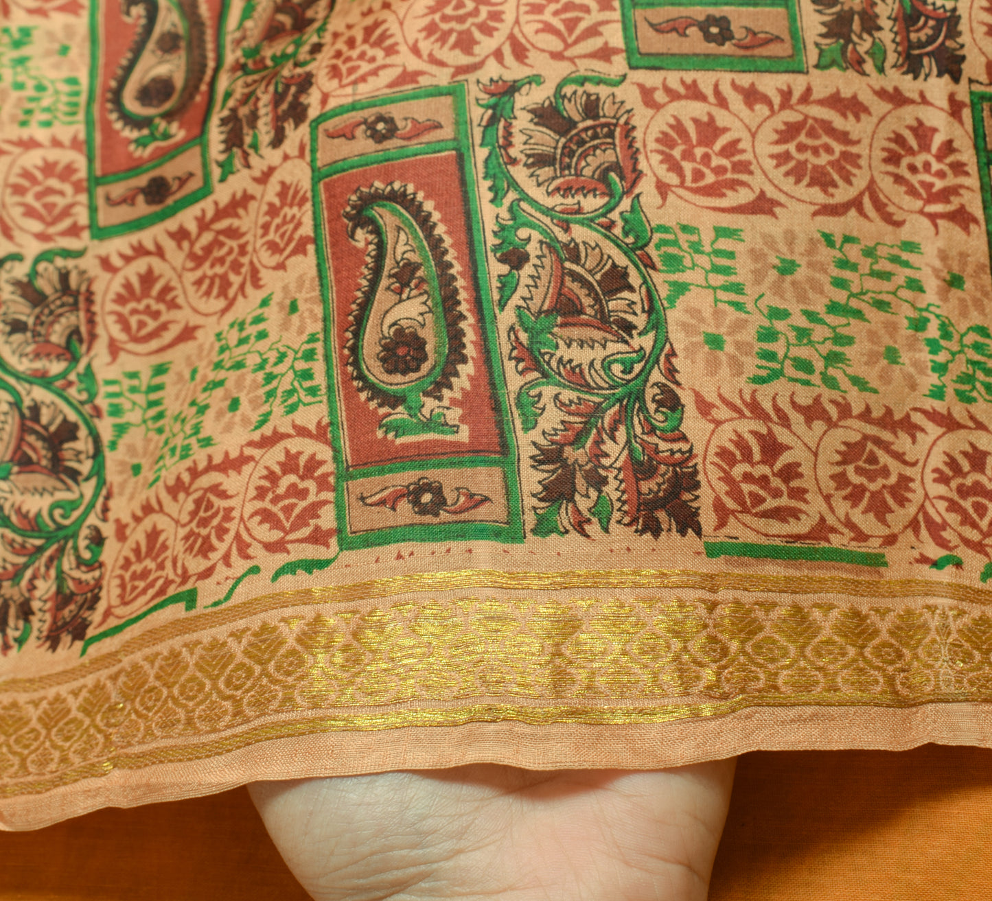 Sushila Vintage Brown Saree 100% Pure Silk Printed Pailsey Soft Craft Fabric
