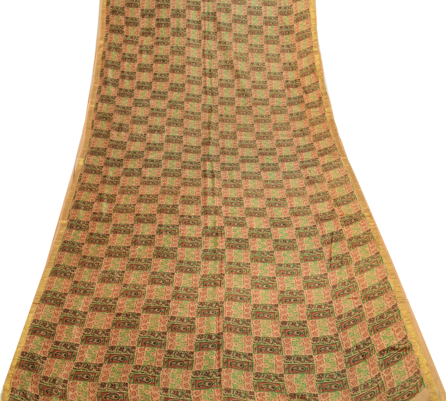 Sushila Vintage Brown Saree 100% Pure Silk Printed Pailsey Soft Craft Fabric
