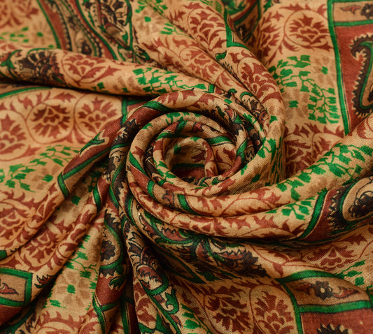 Sushila Vintage Brown Saree 100% Pure Silk Printed Pailsey Soft Craft Fabric