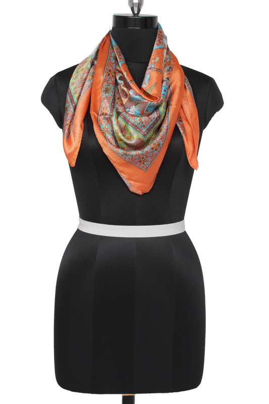 Sushila Vintage Orange Women Scarf Blend Satin Silk Printed Stole 38" x 37"