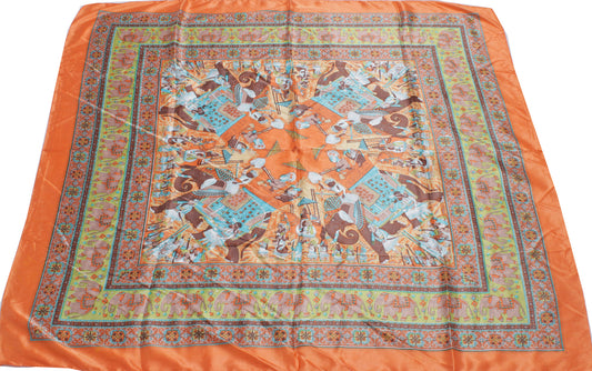 Sushila Vintage Orange Women Scarf Blend Satin Silk Printed Stole 38" x 37"