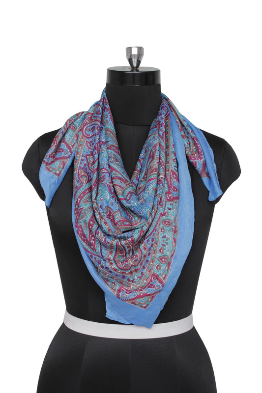 Sushila Vintage Blue Women Neck Scarf Blend Silk Printed Paisley Stole 38 x 36"