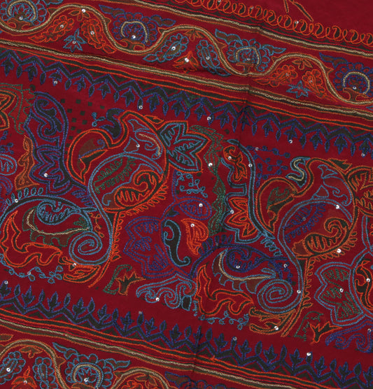 Sushila Vintage Maroon Sari Remnant Scrap Pure Crepe Embroidered Craft Fabric