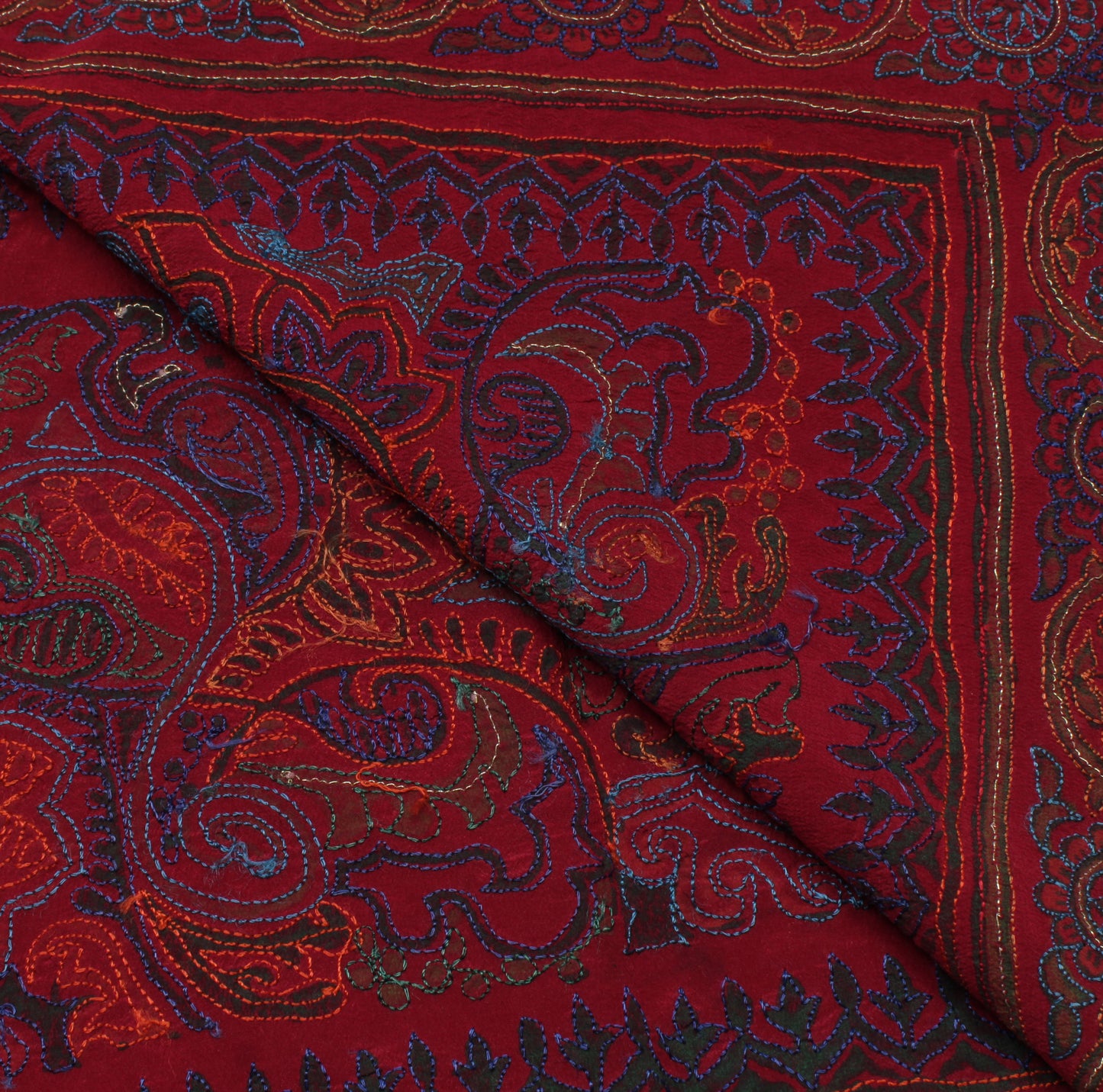 Sushila Vintage Maroon Sari Remnant Scrap Pure Crepe Embroidered Craft Fabric