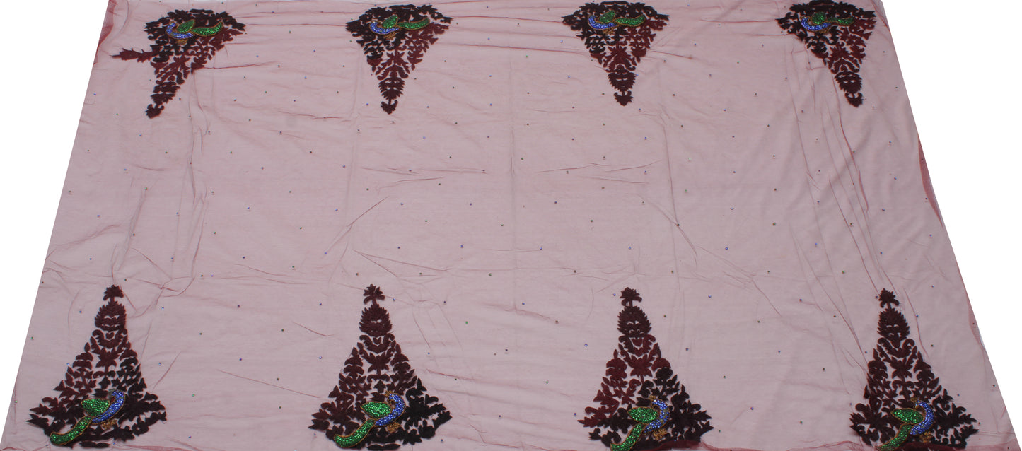 Sushila Vintage Maroon Indian Sari Remnant Scrap Net Hand Beaded Craft Fabric