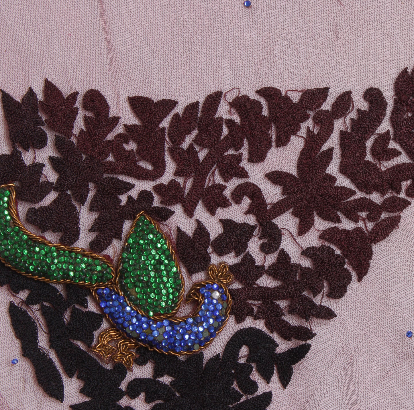 Sushila Vintage Maroon Indian Sari Remnant Scrap Net Hand Beaded Craft Fabric