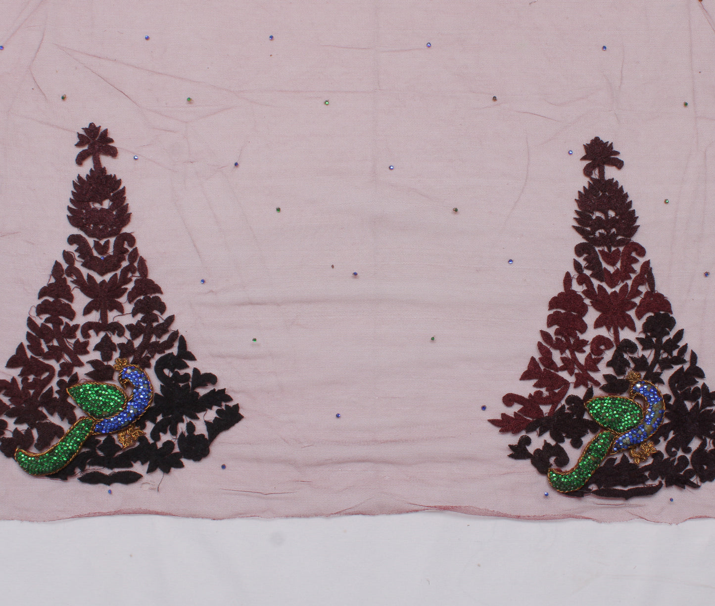 Sushila Vintage Maroon Indian Sari Remnant Scrap Net Hand Beaded Craft Fabric