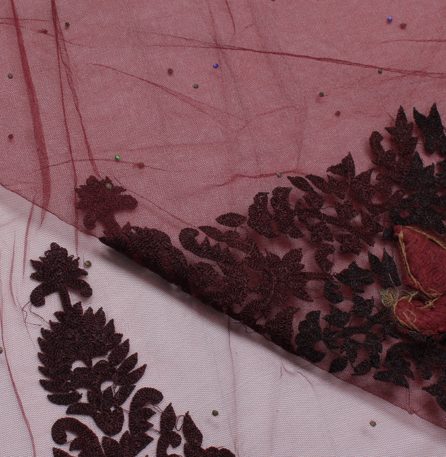 Sushila Vintage Maroon Indian Sari Remnant Scrap Net Hand Beaded Craft Fabric