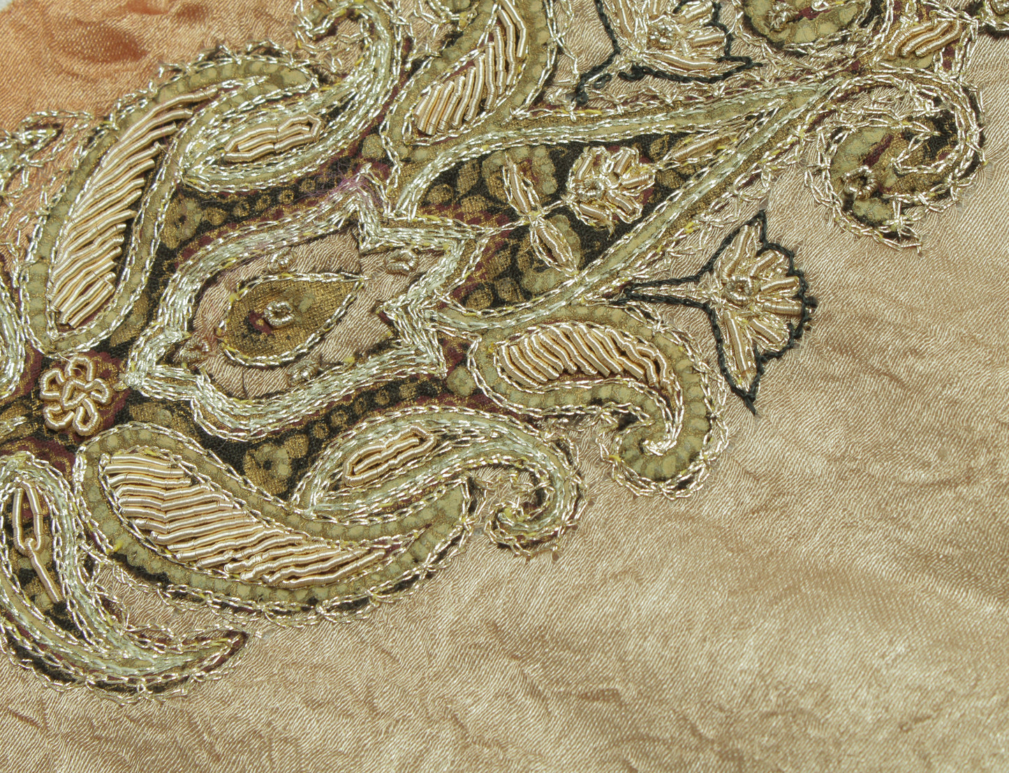 Sushila Vintage Brown Sari Remnant Scrap Blend Silk Embroidered Craft Fabric