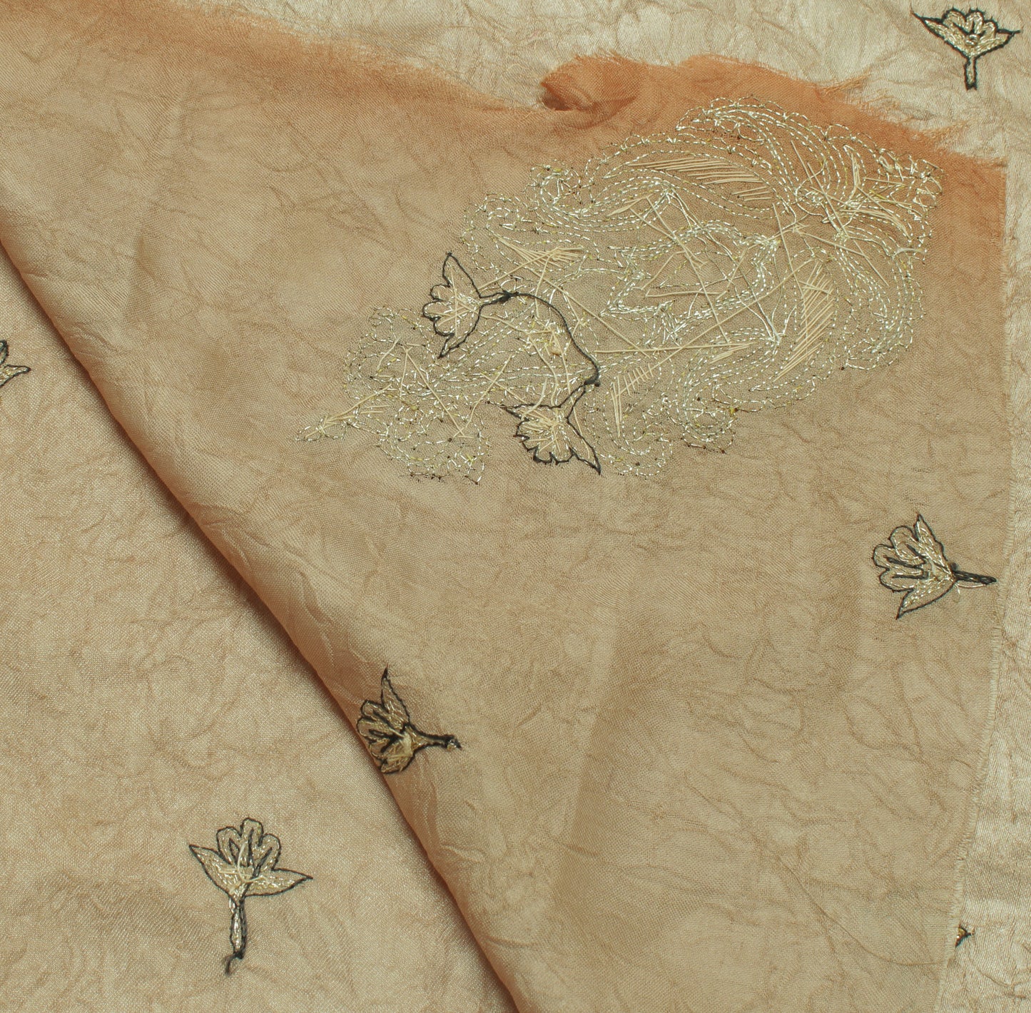 Sushila Vintage Brown Sari Remnant Scrap Blend Silk Embroidered Craft Fabric