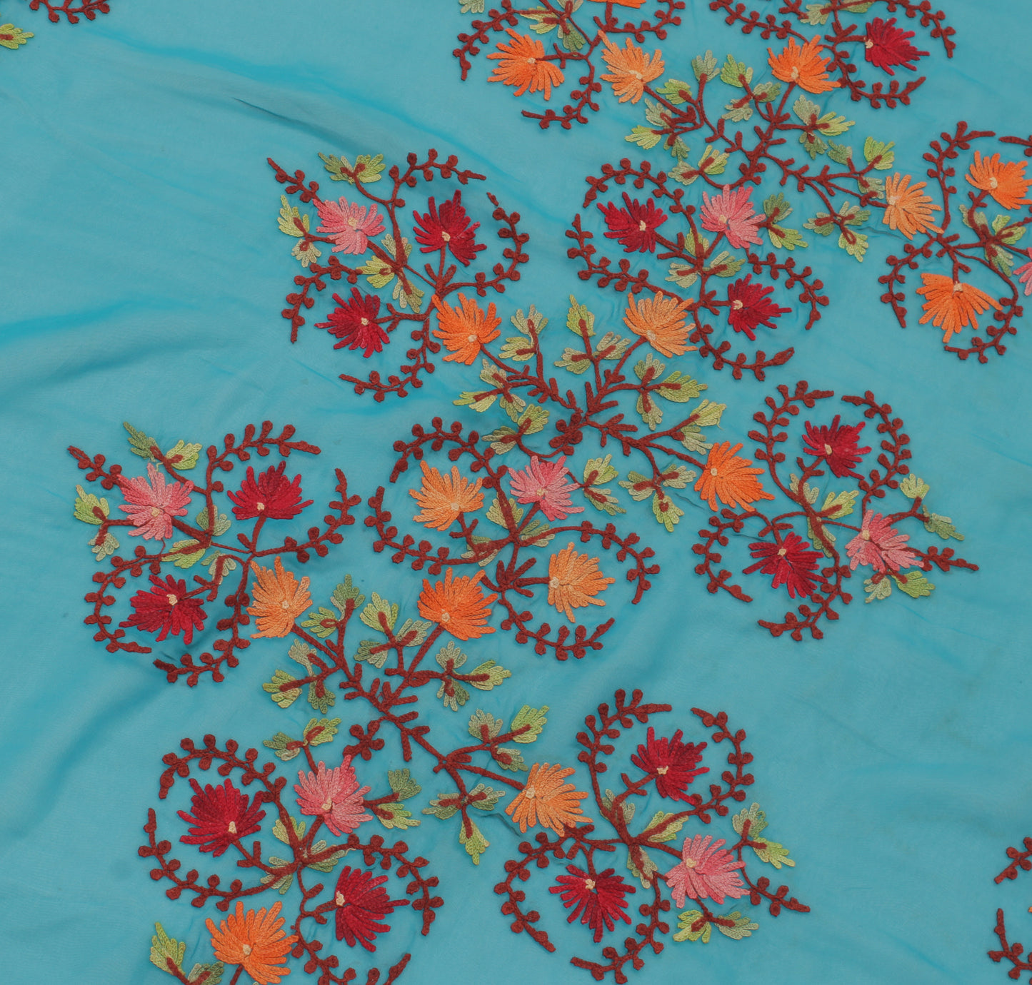 Sushila Vintage Blue Sari Remnant Scrap Blend Georgette Floral Craft Fabric