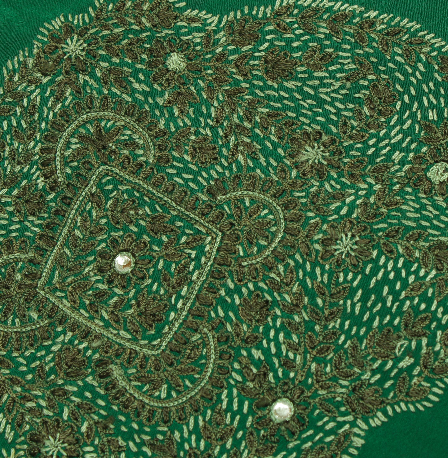 Sushila Vintage Green Sari Remnant Scrap Pure Crepe  Embroidered Craft Fabric