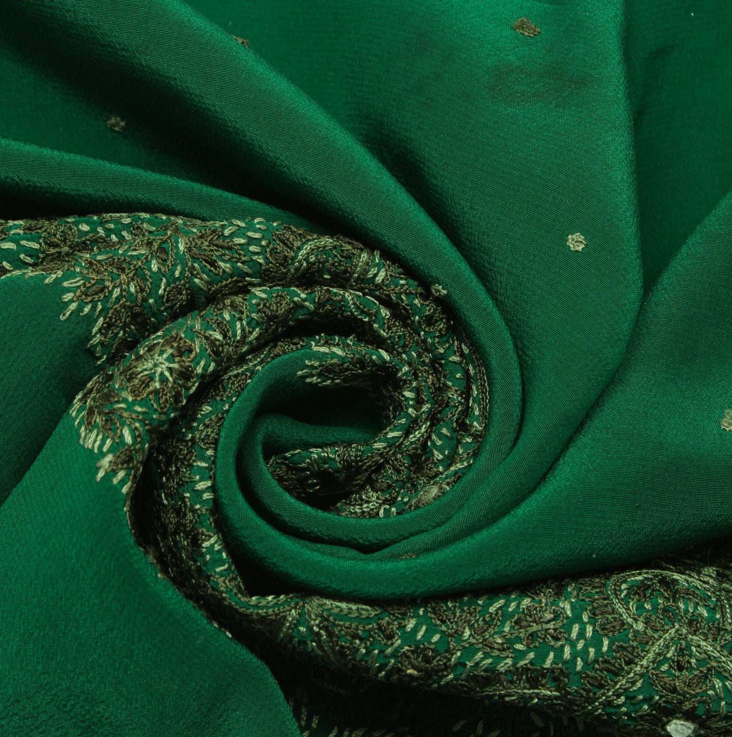 Sushila Vintage Green Sari Remnant Scrap Pure Crepe  Embroidered Craft Fabric