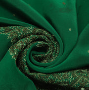 Sushila Vintage Green Sari Remnant Scrap Pure Crepe  Embroidered Craft Fabric