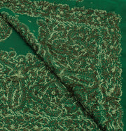Sushila Vintage Green Sari Remnant Scrap Pure Crepe  Embroidered Craft Fabric