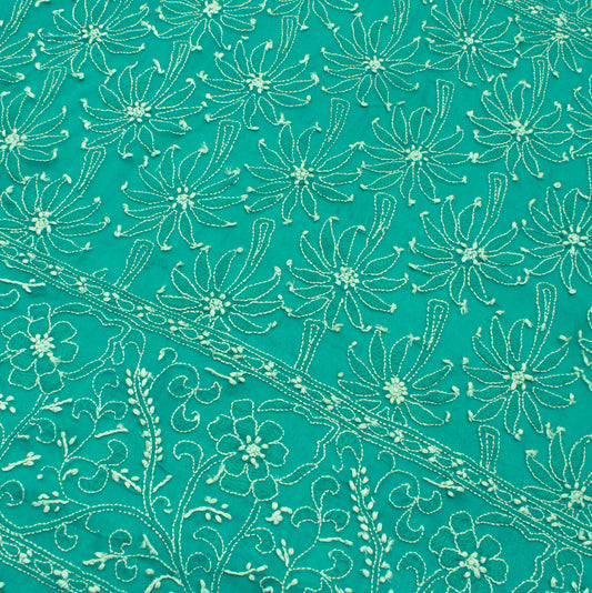 Sushila Vintage Green Sari Remnant Scrap  Georgette Embroidered Craft Fabric