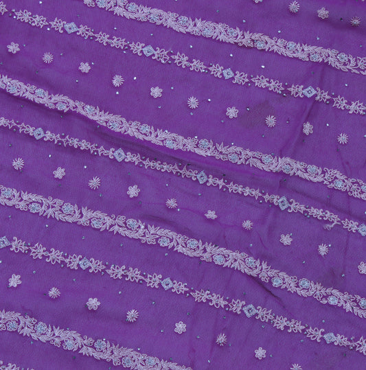 Sushila Vintage Purple Sari Remnant Scrap Pure Georgette Floral Craft Fabric
