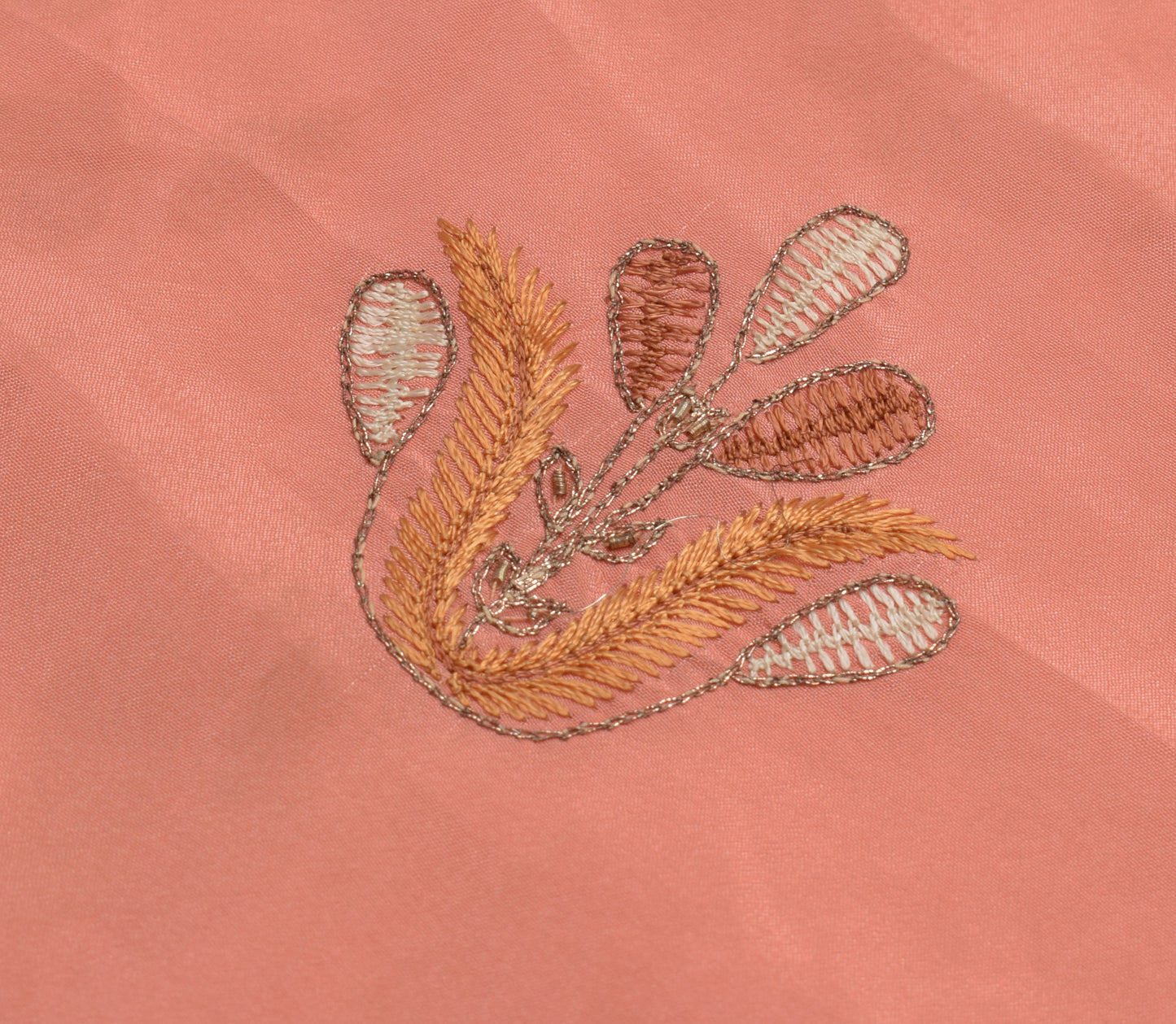 Sushila Vintage Peach Sari Remnant Scrap Blend Silk Embroidered Craft Fabric