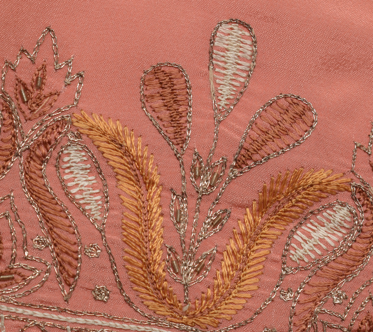 Sushila Vintage Peach Sari Remnant Scrap Blend Silk Embroidered Craft Fabric