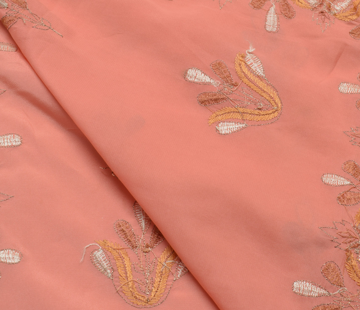 Sushila Vintage Peach Sari Remnant Scrap Blend Silk Embroidered Craft Fabric