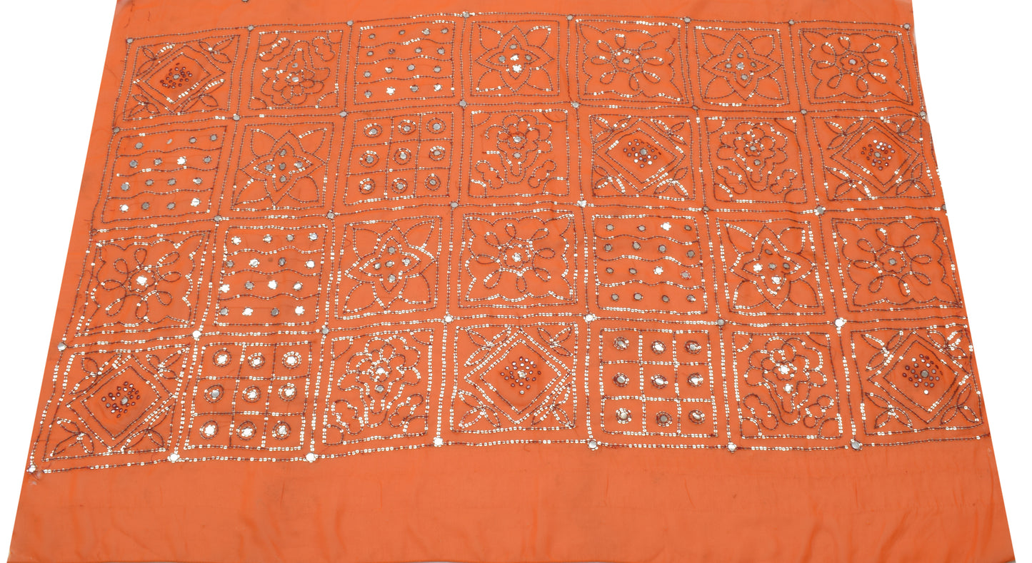 Sushila Vintage Orange Sari Remnant Scrap Blend Georgette Embroidered Fabric
