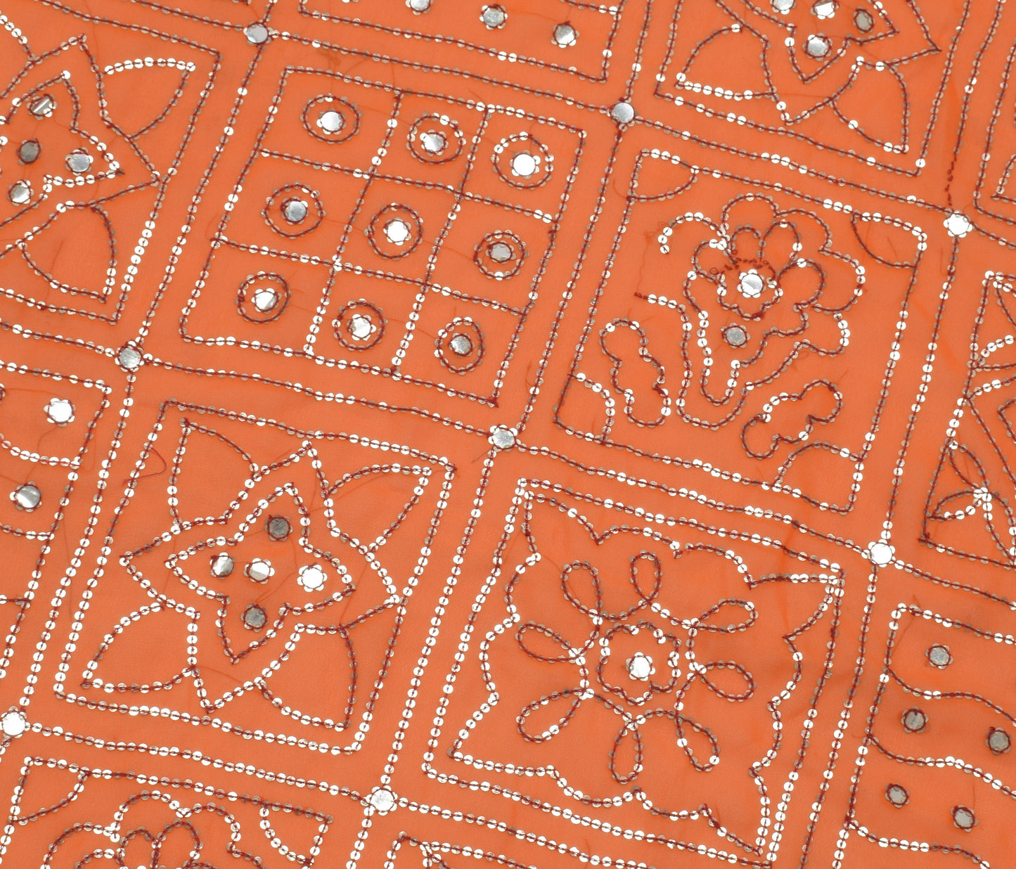 Sushila Vintage Orange Sari Remnant Scrap Blend Georgette Embroidered Fabric