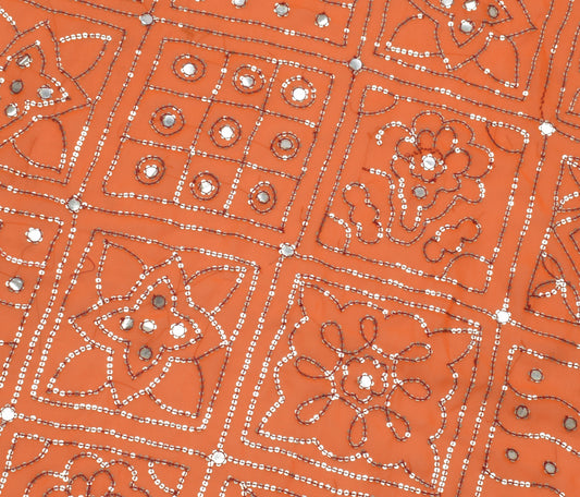 Sushila Vintage Orange Sari Remnant Scrap Blend Georgette Embroidered Fabric