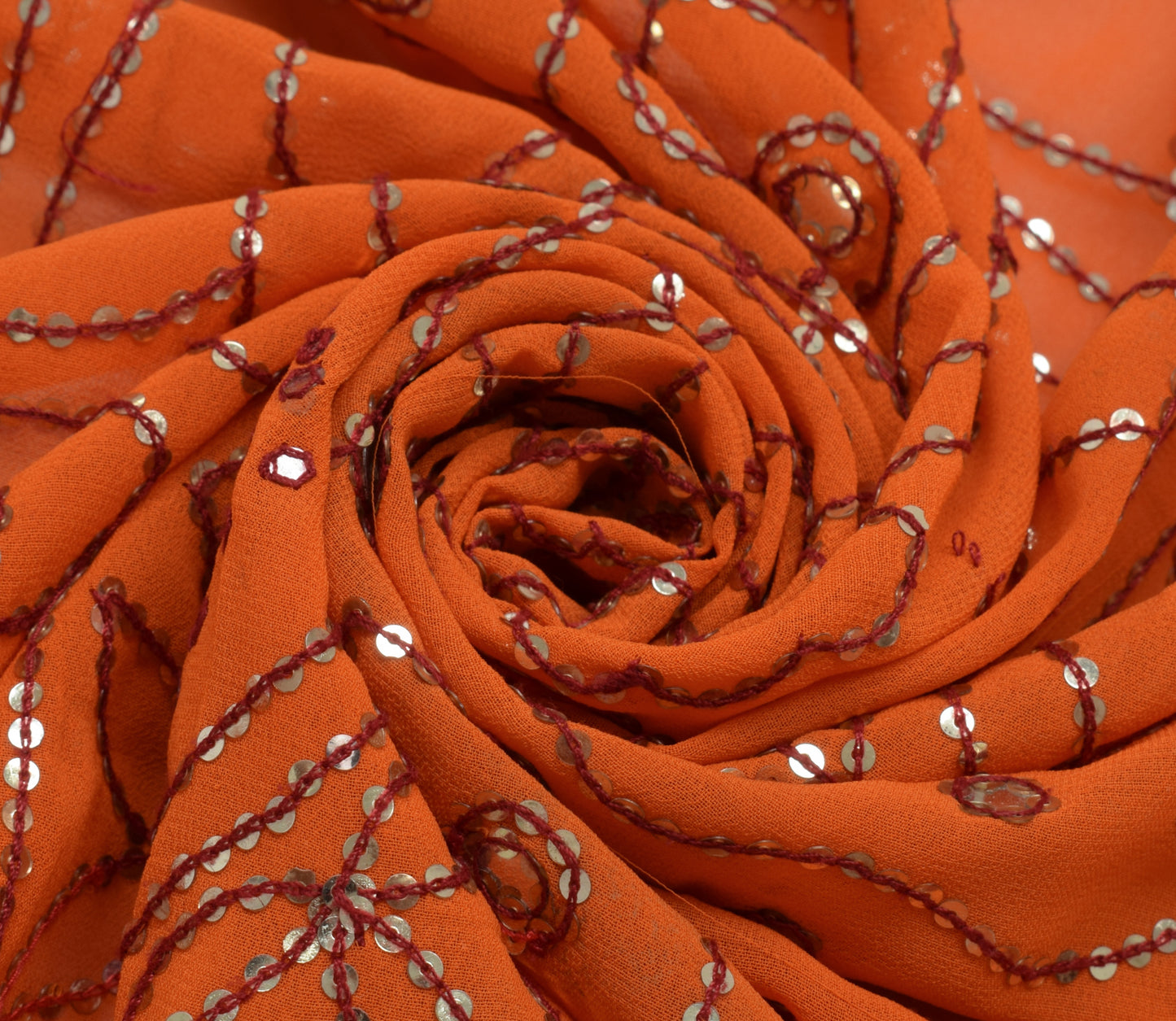 Sushila Vintage Orange Sari Remnant Scrap Blend Georgette Embroidered Fabric