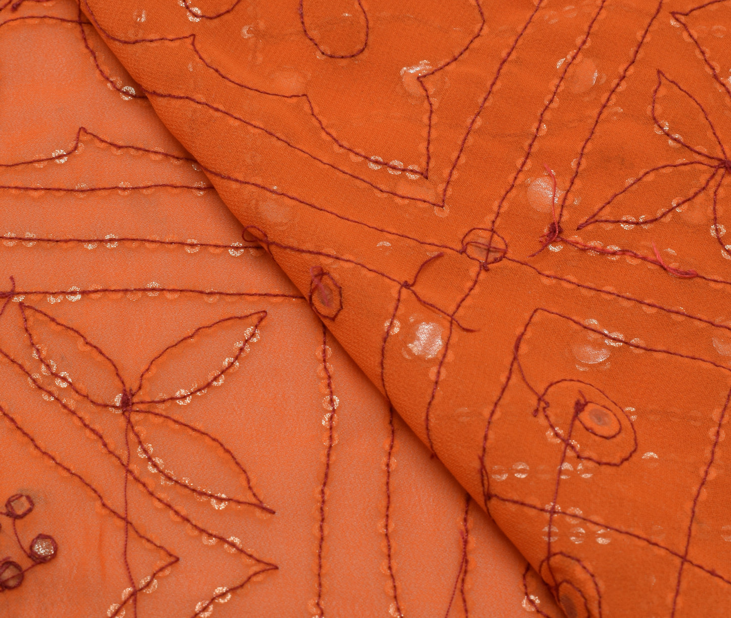 Sushila Vintage Orange Sari Remnant Scrap Blend Georgette Embroidered Fabric