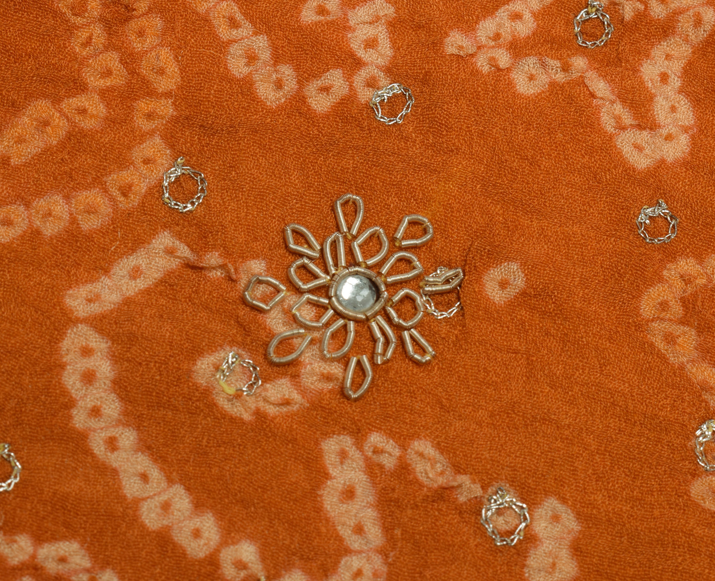 Sushila Vintage Orange Sari Remnant Scrap Pure Crepe Hand Beaded Craft Fabric