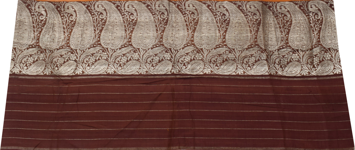 Sushila Vintage Brown Sari Remnant Scrap 100% Pure Silk Zari Woven Craft Fabric
