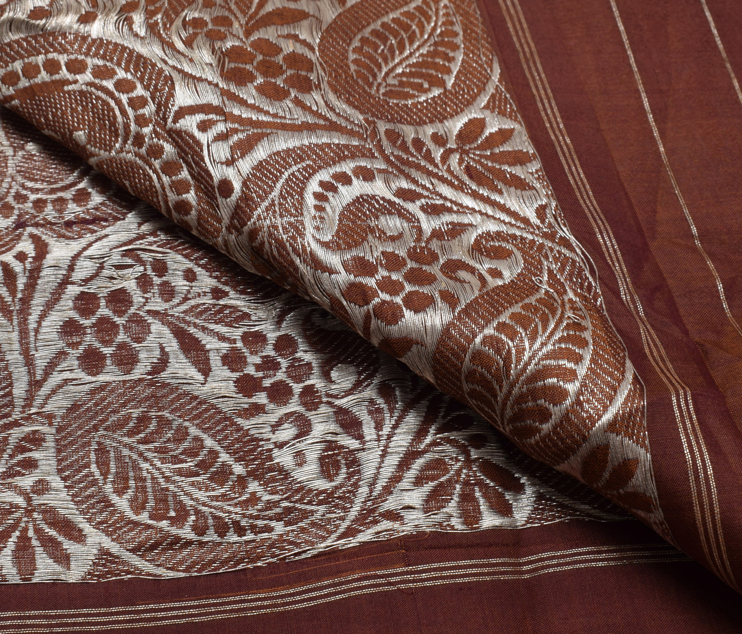 Sushila Vintage Brown Sari Remnant Scrap 100% Pure Silk Zari Woven Craft Fabric