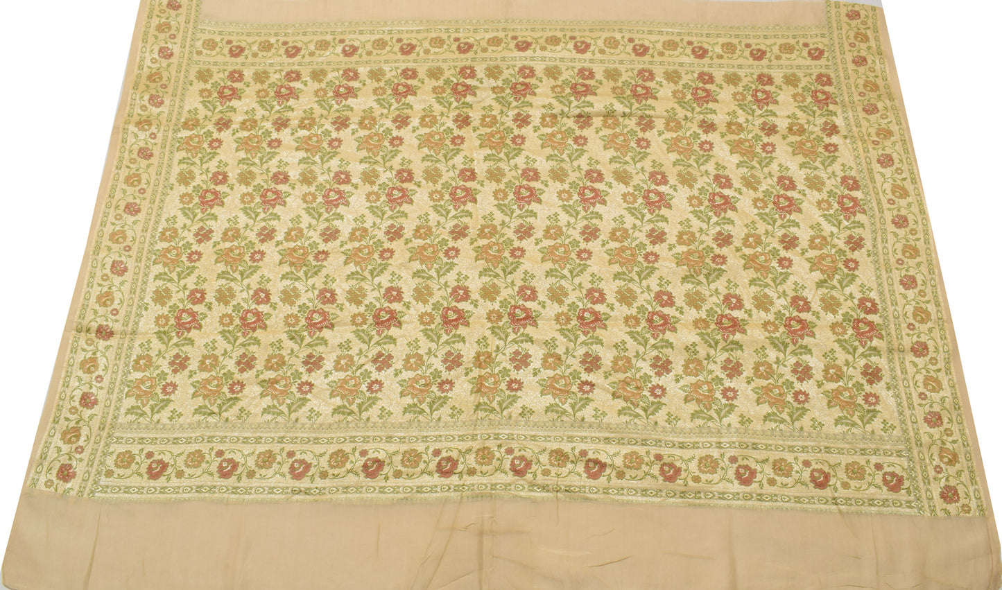 Sushila Vintage Cream Sari Remnant Scrap 100% Pure Silk Woven Craft Fabric