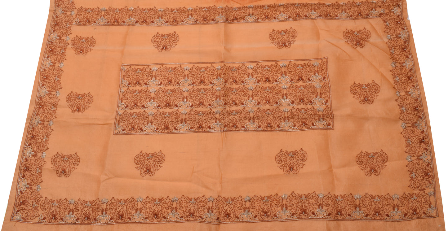 Sushila Vintage Peach Sari Remnant Scrap 100% Pure Silk Hand Beaded Craft Fabric