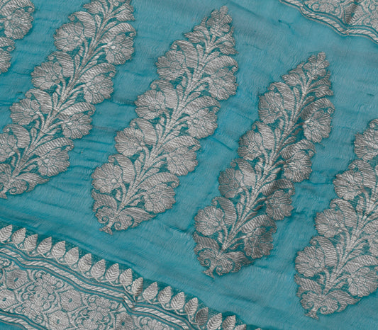 Sushila Vintage Teal Blue Sari Remnant Scrap Pure Georgette Woven Craft Fabric