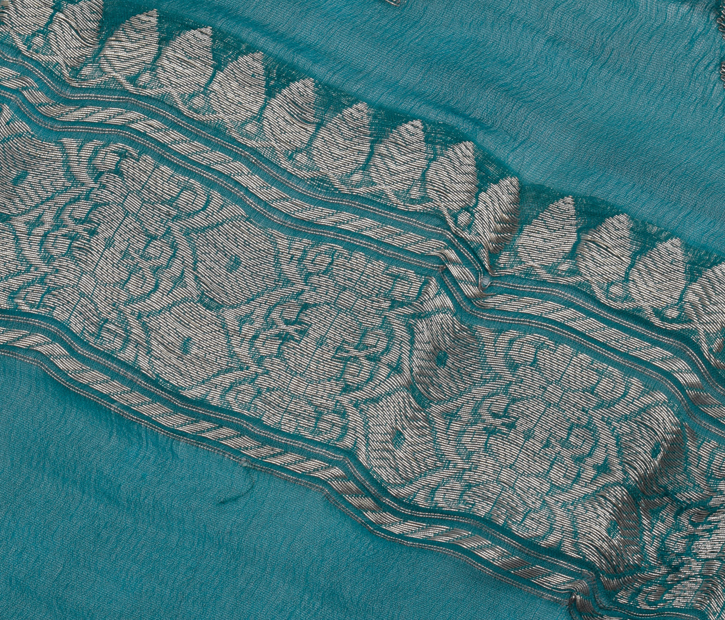Sushila Vintage Teal Blue Sari Remnant Scrap Pure Georgette Woven Craft Fabric