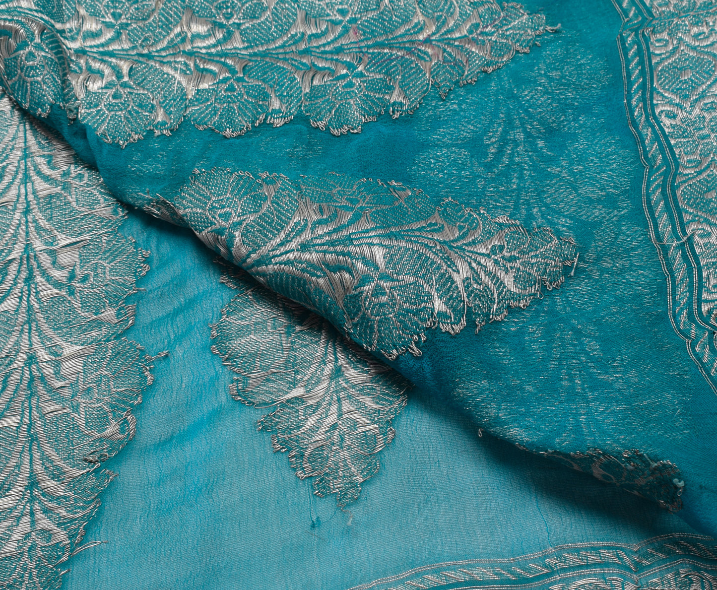 Sushila Vintage Teal Blue Sari Remnant Scrap Pure Georgette Woven Craft Fabric