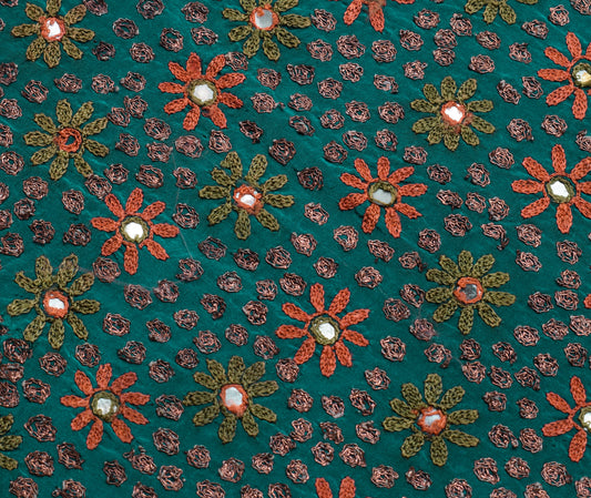 Sushila Vintage Teal Blue Sari Remnant Scrap Pure Crepe Embroidered Craft Fabric