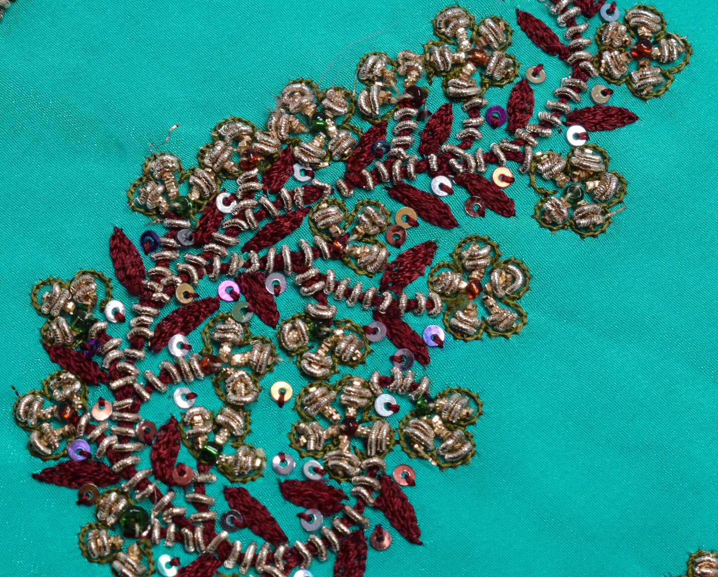 Sushila Vintage Aqua Blue Sari Remnant Scrap Pure Crepe Hand Beaded Craft Fabric