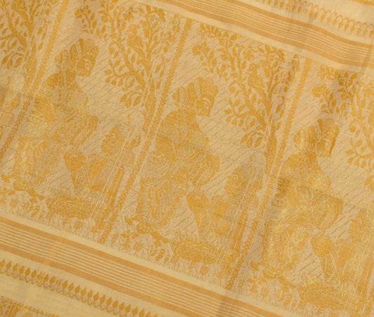 Sushila Vintage Indian Cream Sari Remnant Scrap Pure Silk Woven Craft Fabric