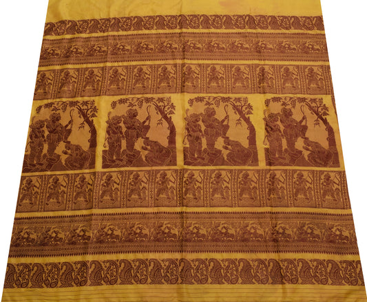 Sushila Vintage Mustard Sari Remnant Scrap 100% Pure Silk Woven Craft Fabric